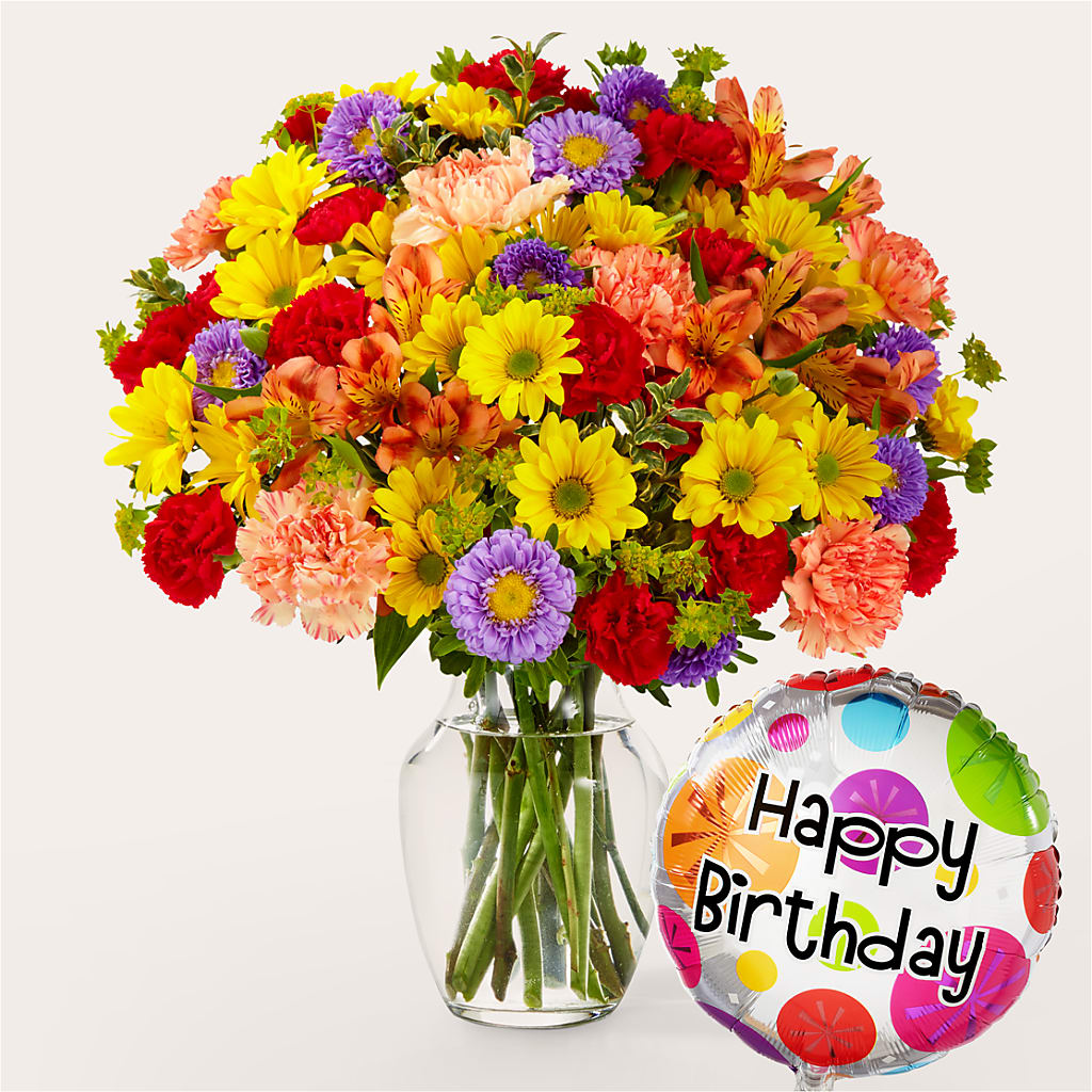 Kaleidoscope Bouquet with Birthday Balloon – MR K'S FLOWERS, Littleton CO