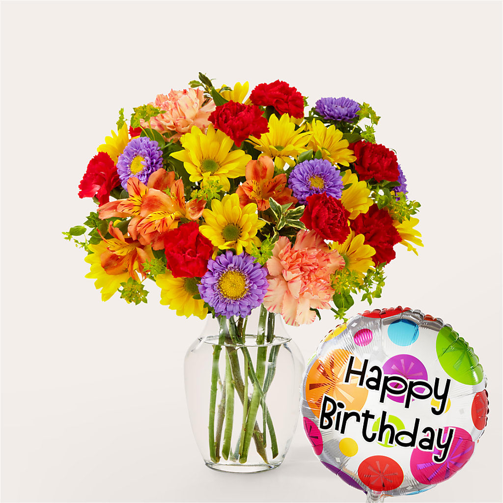 Kaleidoscope Bouquet with Birthday Balloon – MR K'S FLOWERS, Littleton CO