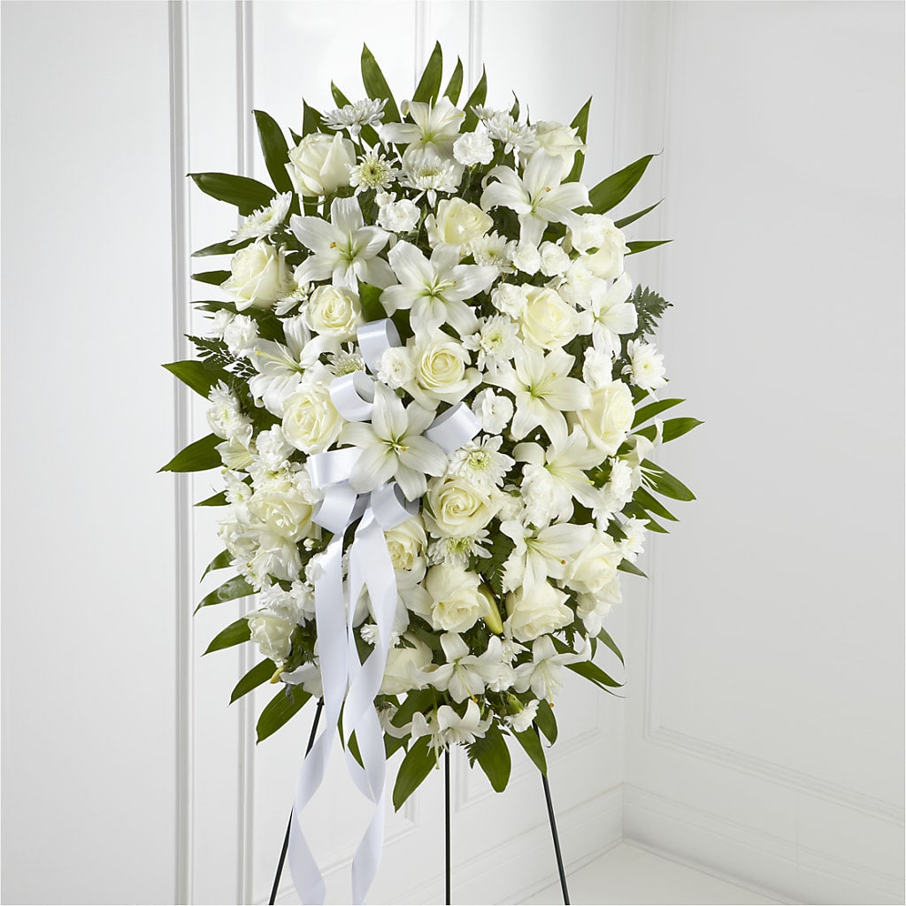 Exquisite Tribute Standing Spray-White Ribbon – MR K'S FLOWERS, Littleton CO